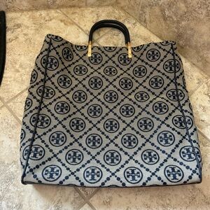 Tory Burch jacquard foldover Navy and Gray Tote Bag